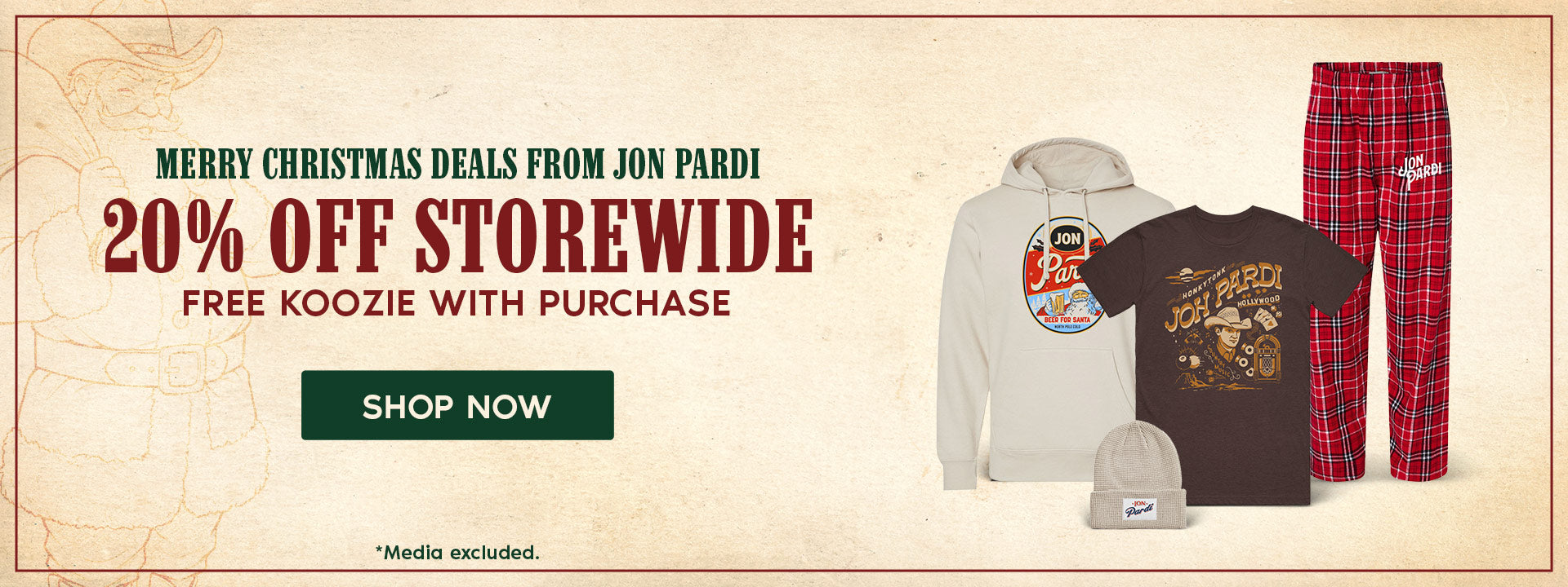 Promotional banner for Christmas deals from Jon Pardi with clothing items and text on a beige background.
