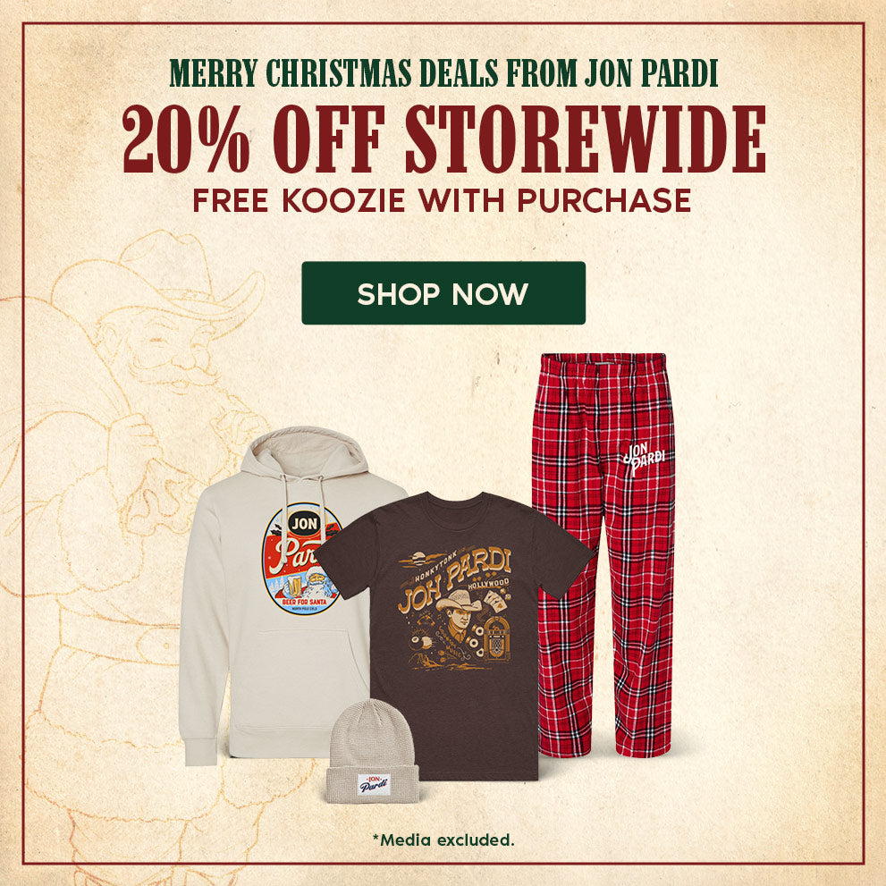 Promotional image for Jon Pardi merchandise with clothing items and text about storewide deals.